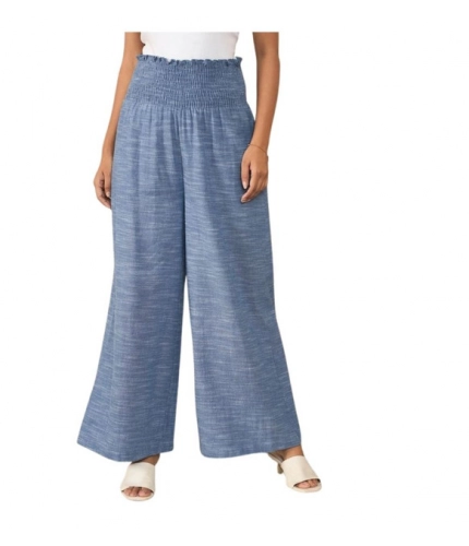 Women's Cotton Self Design Smocked Trousers (Blue)