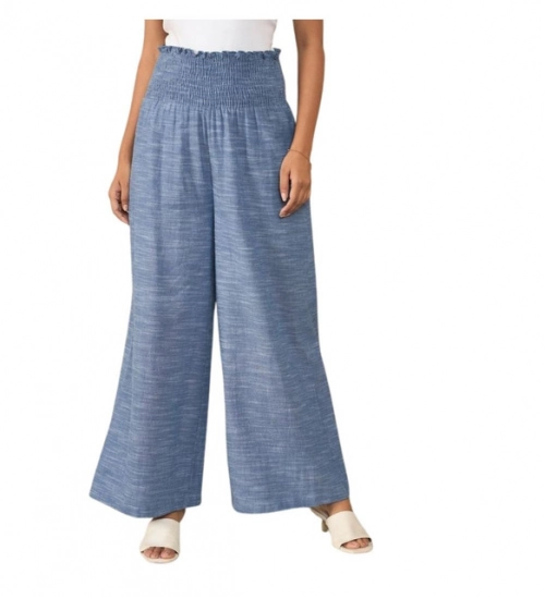 Women's Cotton Self Design Smocked Trousers (Blue)