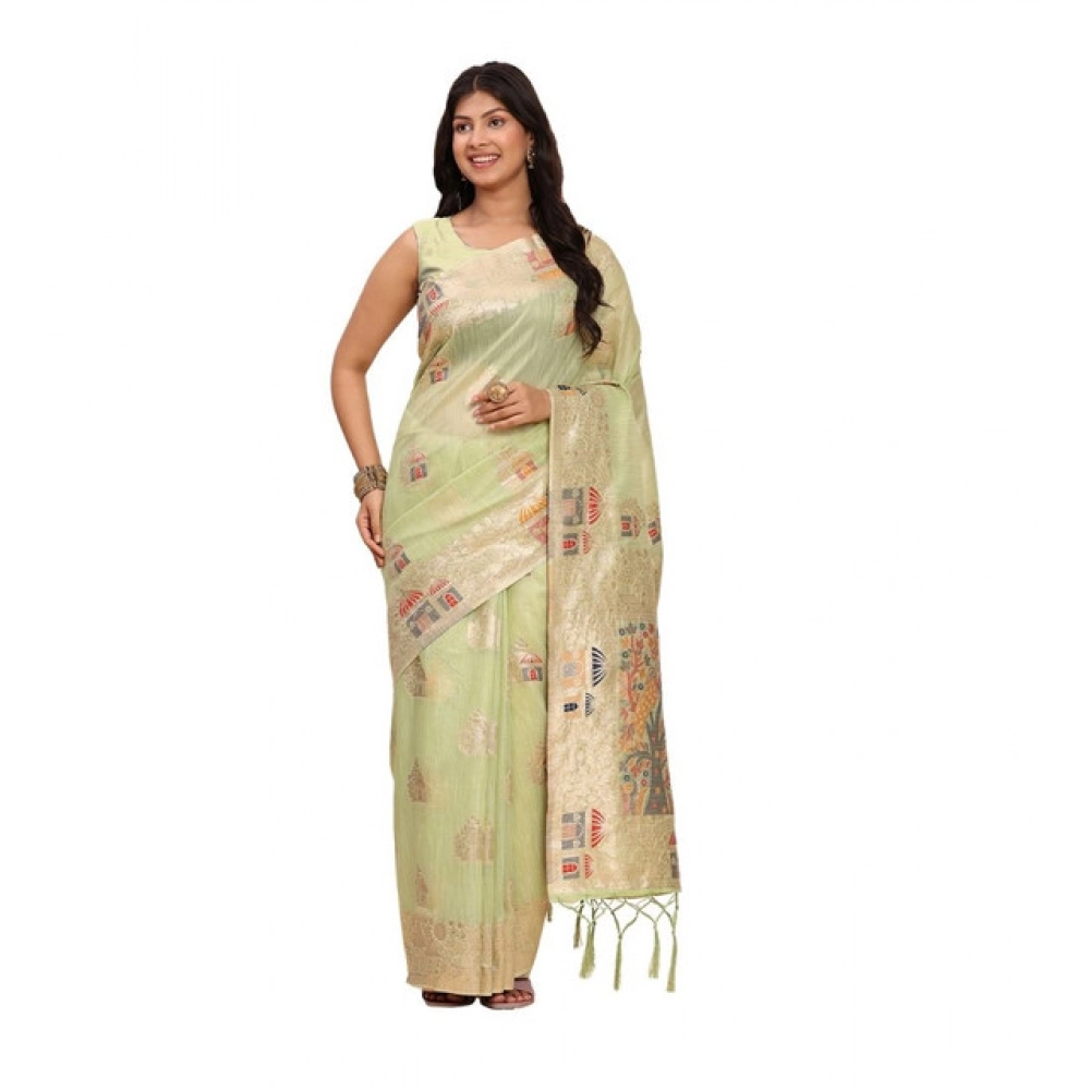 Women's Linen Cotton Printed Saree With Unstitched Blouse 5.5Mtr (Light Green) Women's Linen Cotton Printed Saree With Unstitched Blouse 5.5Mtr (Light Green)
