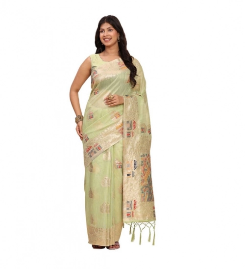 Women's Linen Cotton Printed Saree With Unstitched Blouse 5.5Mtr (Light Green)