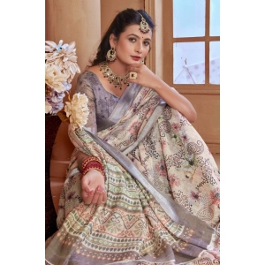 Generic Women's Printed Cotton Linen Saree withPrinted  Saree With Unstitched Blouse (Beige, 5-6Mtrs)
