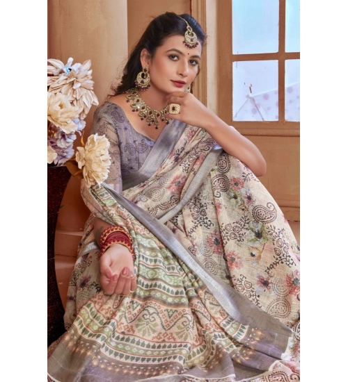 Women's Printed Cotton Linen Saree withPrinted  Saree With Unstitched Blouse (Beige, 5-6Mtrs)