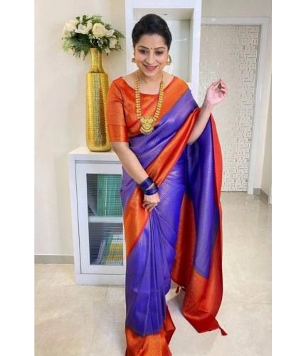Women's Soft Lichi Silk Printed Saree With Unstitched Blouse 5.5Mtr (Blue)