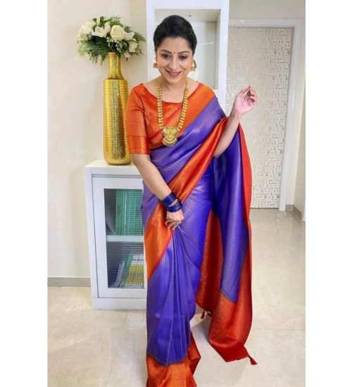 Women's Soft Lichi Silk Printed Saree With Unstitched Blouse 5.5Mtr (Blue)