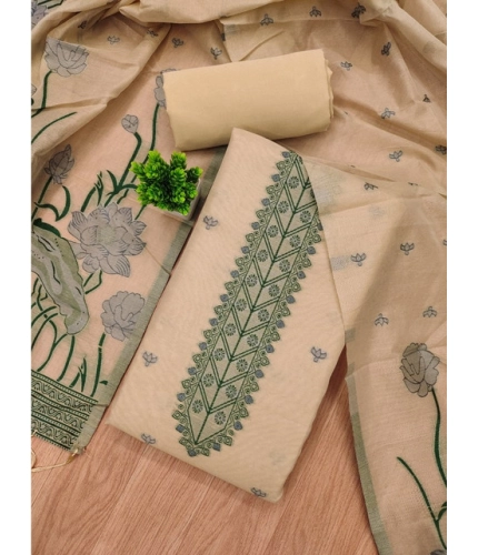 Women's Banarasi Silk Printed Unstitched Salwar Suit Material With Dupatta (Cream, 3Mtrs)
