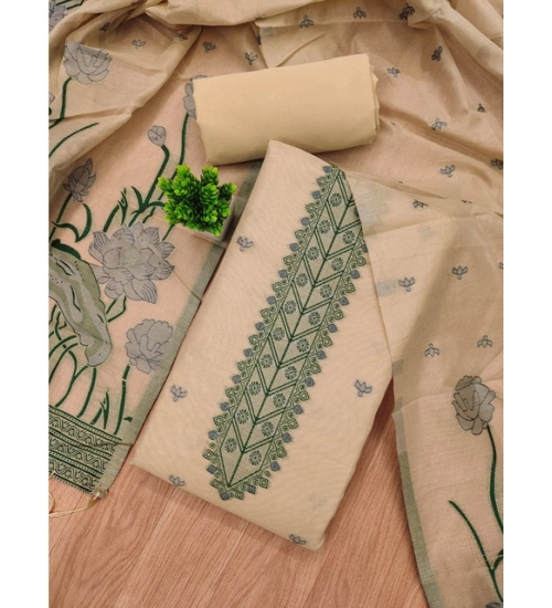 Women's Banarasi Silk Printed Unstitched Salwar Suit Material With Dupatta (Cream, 3Mtrs)