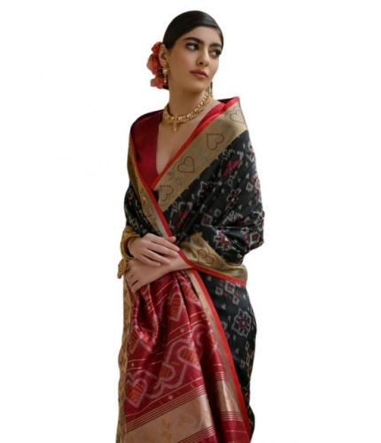 Women's Silk_Blend Ethnic Ikat Pattern Saree With Unstitched Blouse 5.5Mtr (Black)