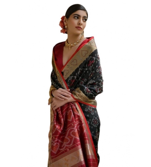 Women's Silk_Blend Ethnic Ikat Pattern Saree With Unstitched Blouse 5.5Mtr (Black)