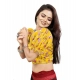 Women's Organza Printed V Neck Puff Sleeve Readymade Blouse (Mustard 38 , Alterable up to 42)-PID65867