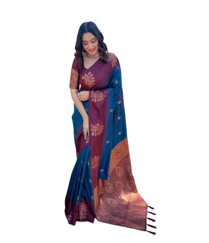Women's Soft Lichi Silk Printed Saree With Unstitched Blouse 5.5Mtr (Blue)