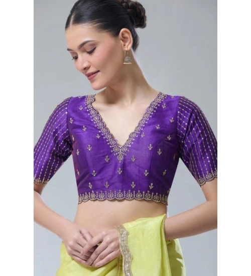 Women's Banarasi Silk Sequence V Neck Non Padded Blouse (Purple 38 Ready (Alterable up to 42)