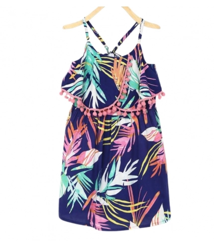 Girl's Rayon Printed Shoulder Straps Dress (Navy Blue)