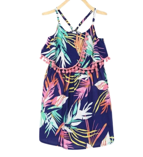 Girl's Rayon Printed Shoulder Straps Dress (Navy Blue)