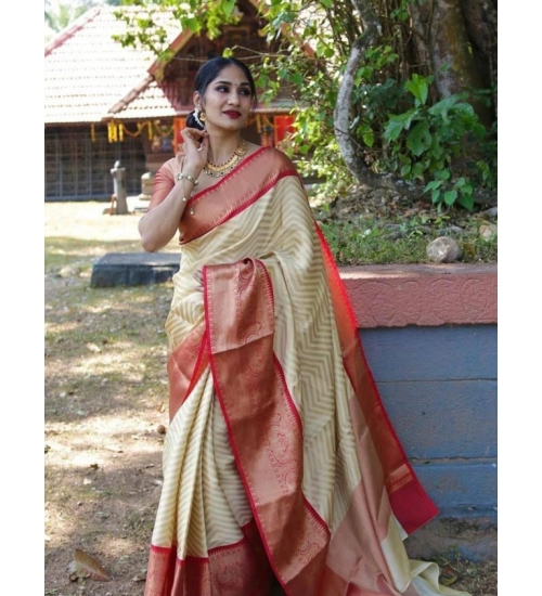 Women's Litchi silk Printed Saree With Unstitched Blouse (Beige)