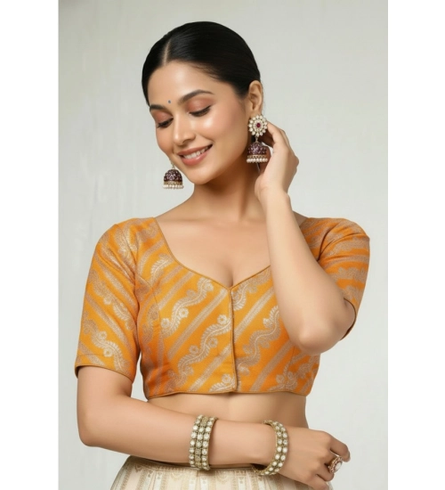 Women's Jacquard Zari Round Neck Padded Blouse (Orange 38 Ready (Self Alterable 36–40)