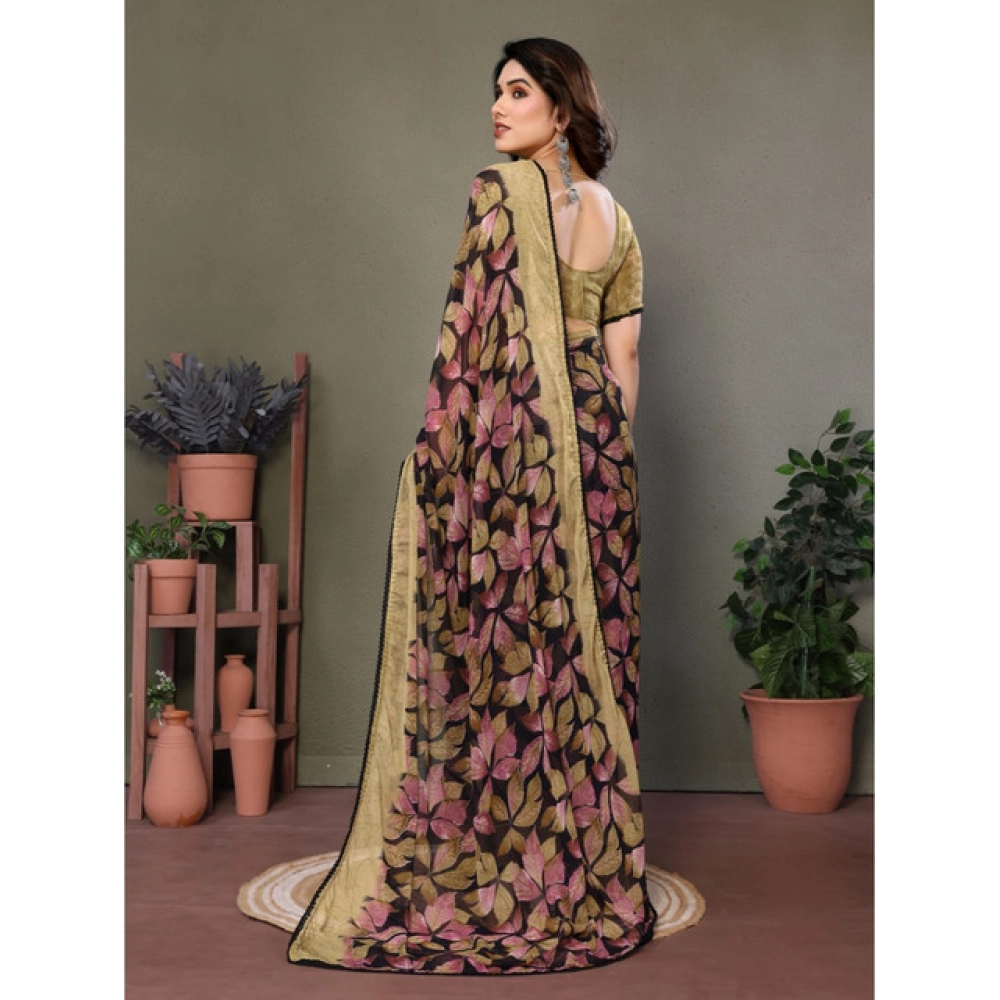 Women's Chiffon Printed Saree With Unstitched Blouse 5.5Mtr (Beige)