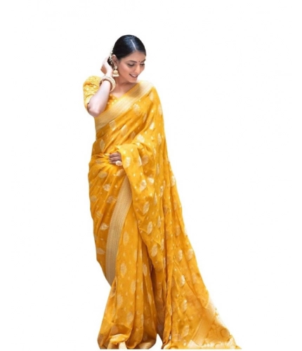 Women's Soft Lichi Silk Printed Saree With Unstitched Blouse 5.5Mtr (Yellow)