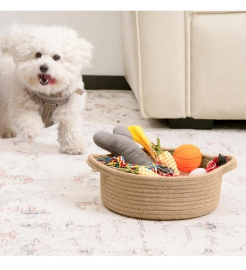 Cotton 8x3 Inch Round Bedside Organizer (Beige)