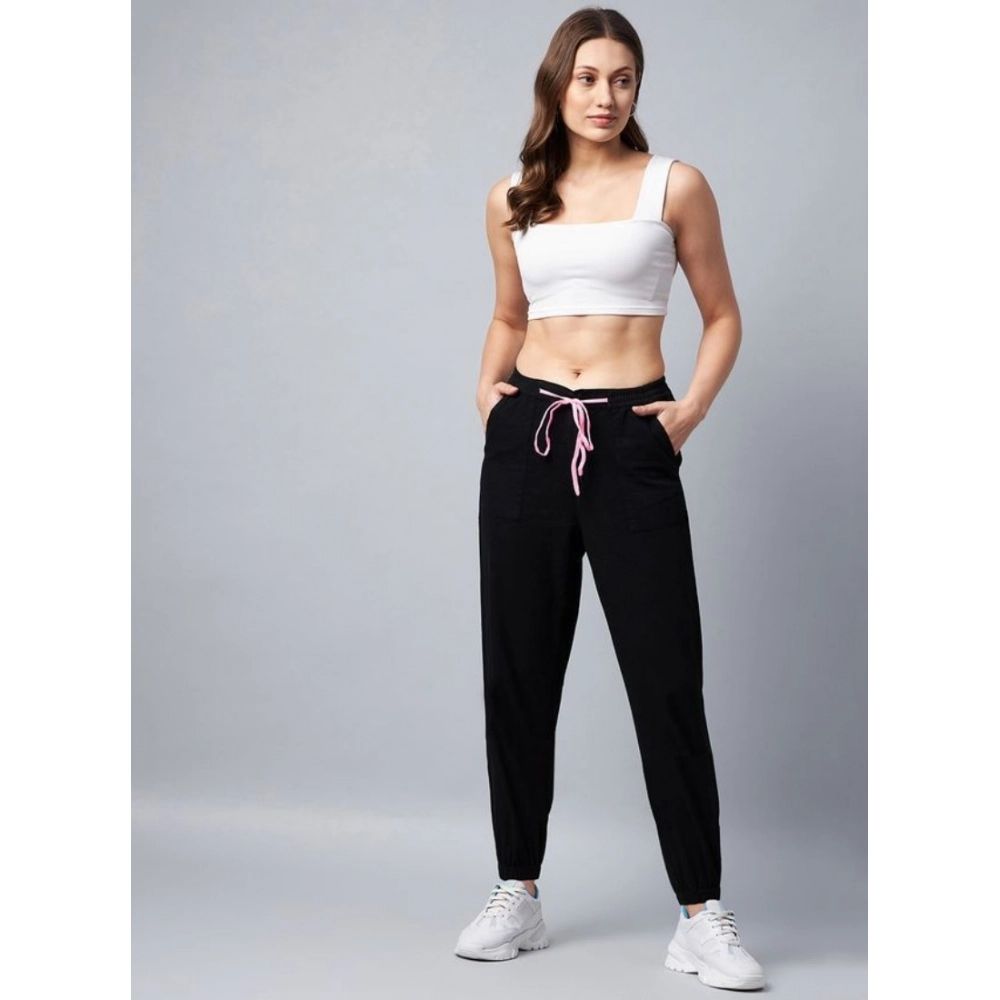 Women's Cotton Twill Solid Elasticated Trousers (Black)
