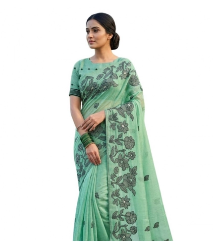 Women's Linen Cotton Printed Saree With Unstitched Blouse 5.5Mtr (Rama Green)