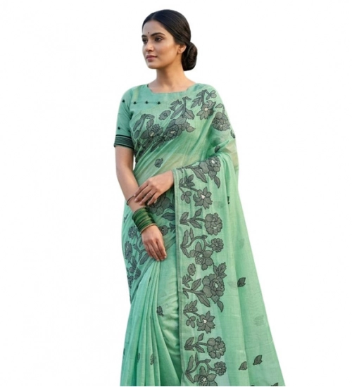Women's Linen Cotton Printed Saree With Unstitched Blouse 5.5Mtr (Rama Green)