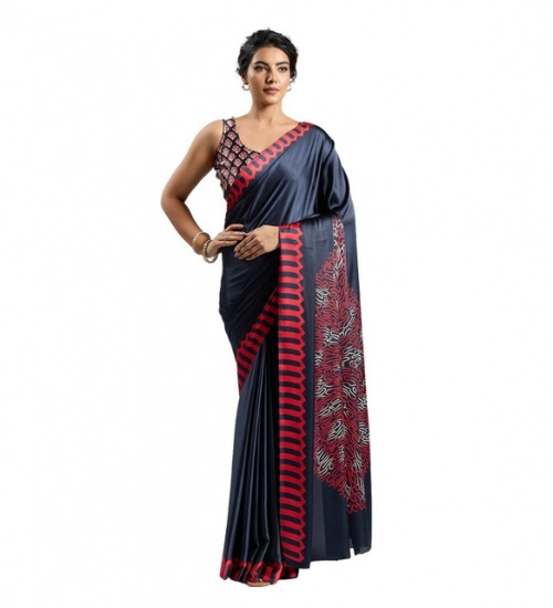 Women's Satin Crepe Printed Saree With Unstitched Blouse 5.5Mtr (Navy Blue)