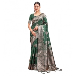 Women's Banarasi Silk Printed Saree With Unstitched Blouse 5.5Mtr (Dark Green)