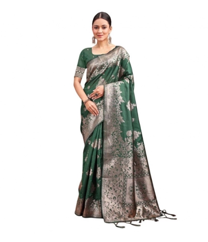 Women's Banarasi Silk Printed Saree With Unstitched Blouse 5.5Mtr (Dark Green)