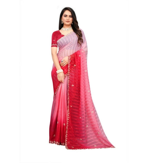 Women's Chiffon Embroidred Saree With Unstitched Blouse 5.5Mtr (Pink)