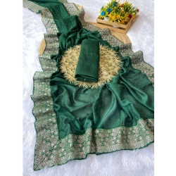 Women's Silk Embroidred Saree With Unstitched Blouse 5.5Mtr (Dark Green)