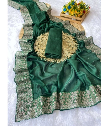 Women's Silk Embroidred Saree With Unstitched Blouse 5.5Mtr (Dark Green)