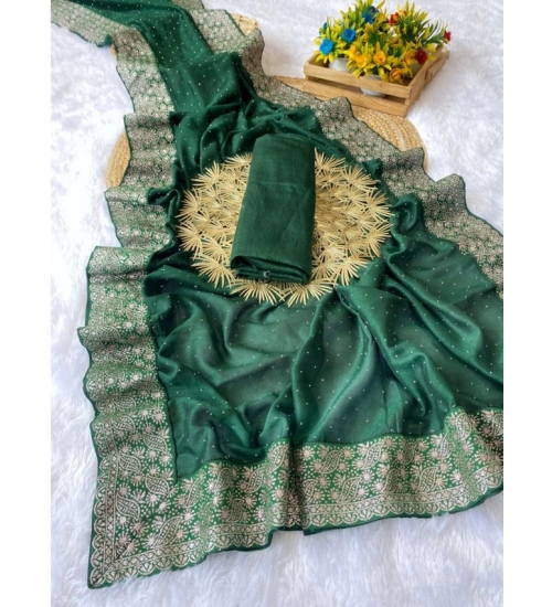 Women's Silk Embroidred Saree With Unstitched Blouse 5.5Mtr (Dark Green)