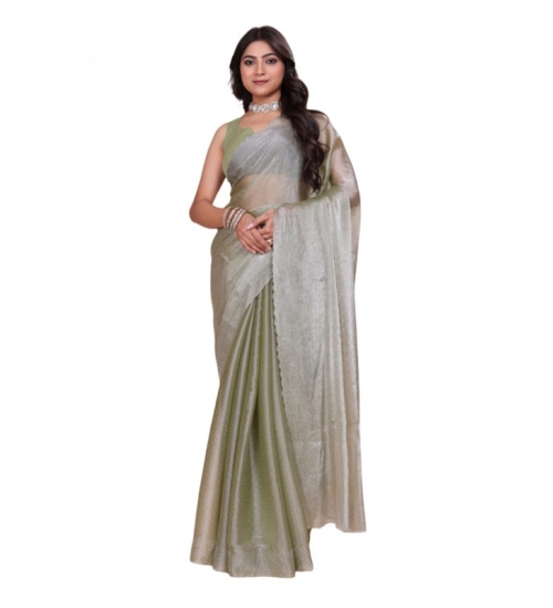 Women's Jimmy choo Embellished Bollywood Saree With Unstitched Blouse 5.5Mtr (Light Green)