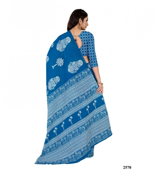 Women's Soft Pure Cotton Printed Saree With Unstitched Blouse 5.5Mtr (Blue)