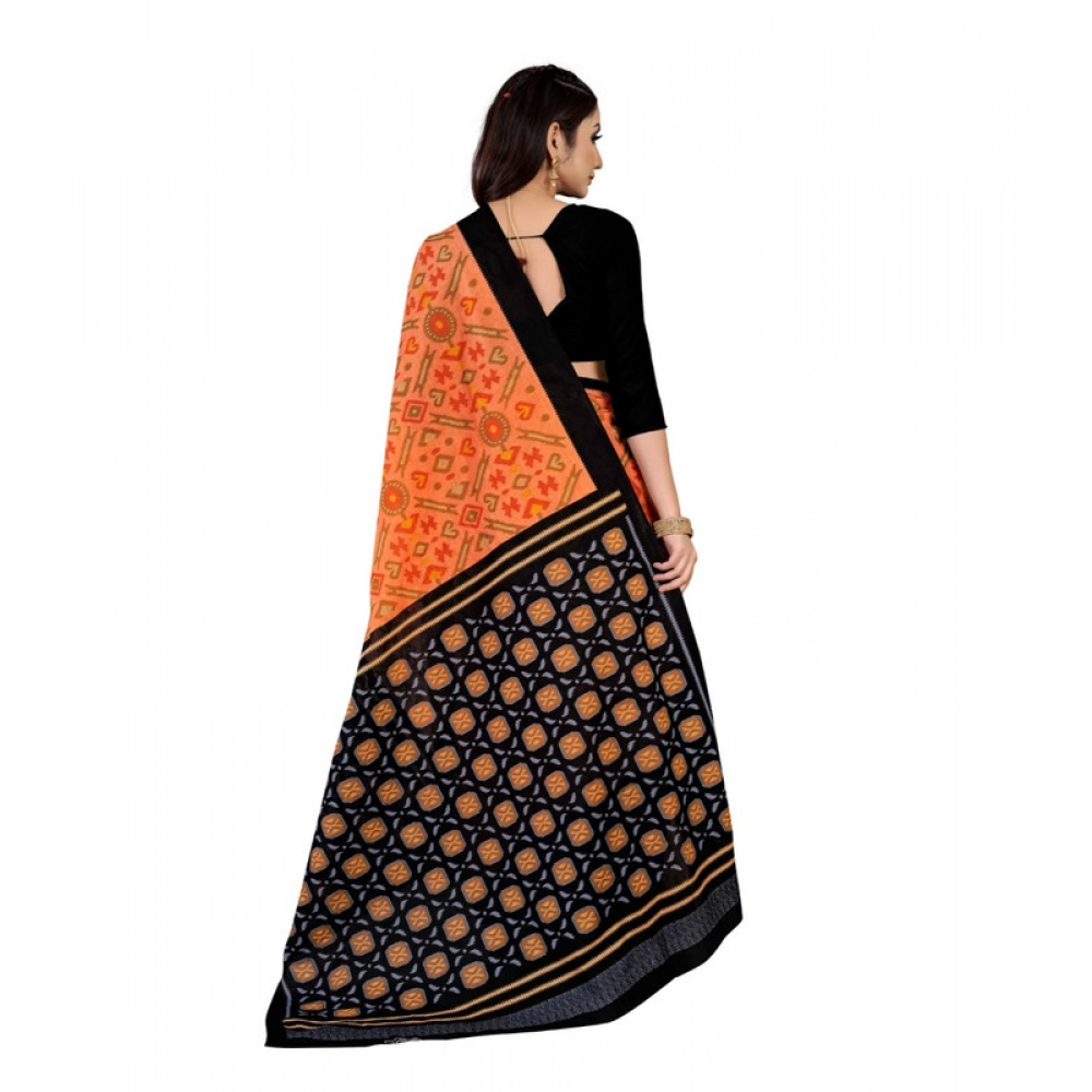 Women's Soft Pure Cotton Printed Saree With Unstitched Blouse 5.5Mtr (Orange)
