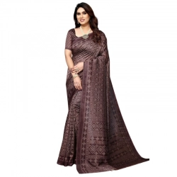 Women's Litchi silk Printed Saree With Unstitched Blouse  5-6 Mtrs (Brown)