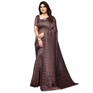 Generic Women's Litchi silk Printed Saree With Unstitched Blouse  5-6 Mtrs (Brown)