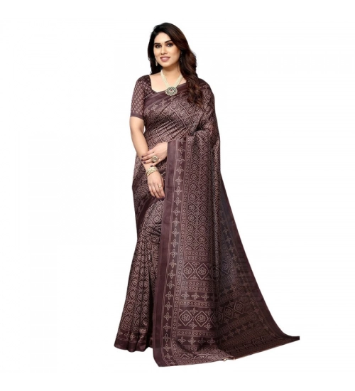 Women's Litchi silk Printed Saree With Unstitched Blouse  5-6 Mtrs (Brown)