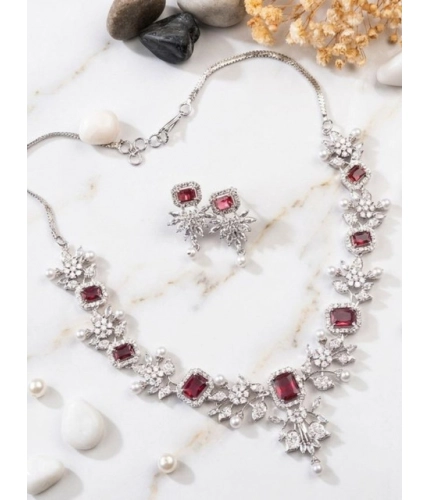Women's Brass Silver Plated Necklace set (Red)