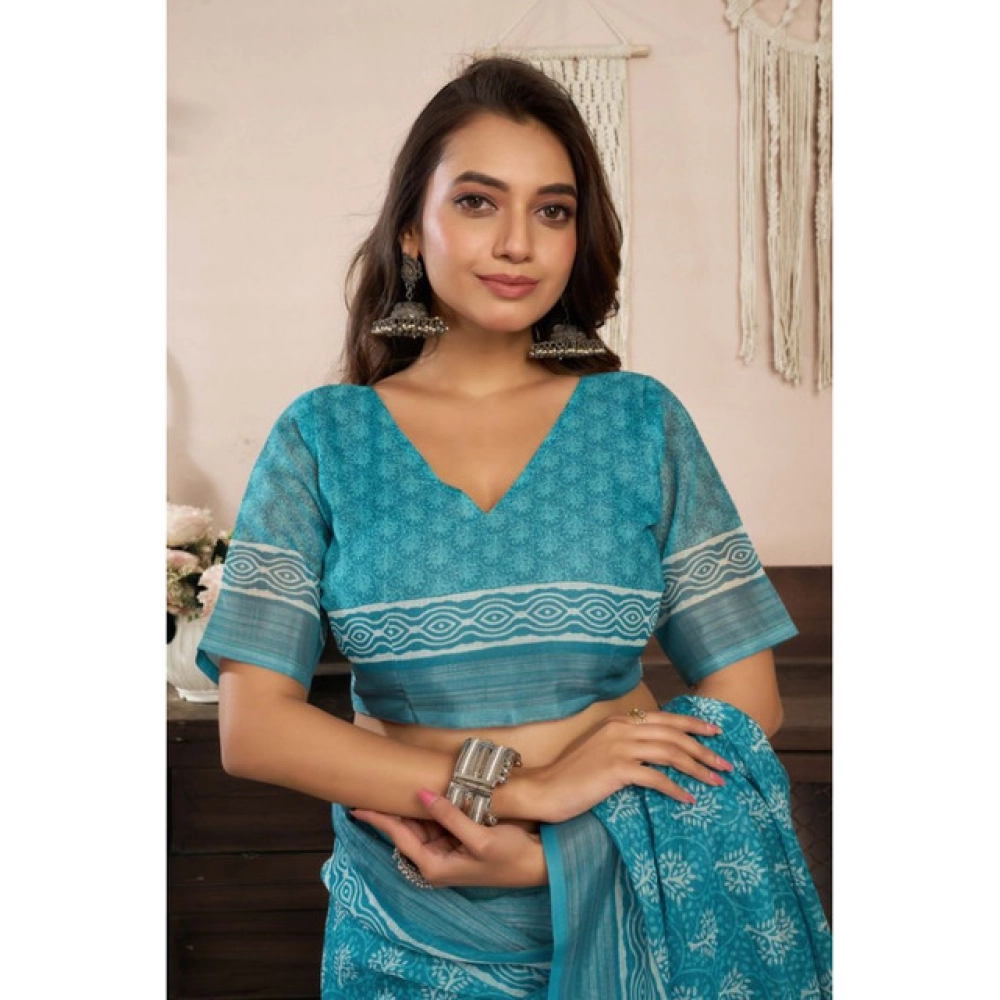 Women's Linen Cotton Printed Ready To Wear Saree With Unstitched Blouse 5.5 Mtr (Aqua_Blue) Women's Linen Cotton Printed Ready To Wear Saree With Unstitched Blouse 5.5 Mtr (Aqua_Blue)
