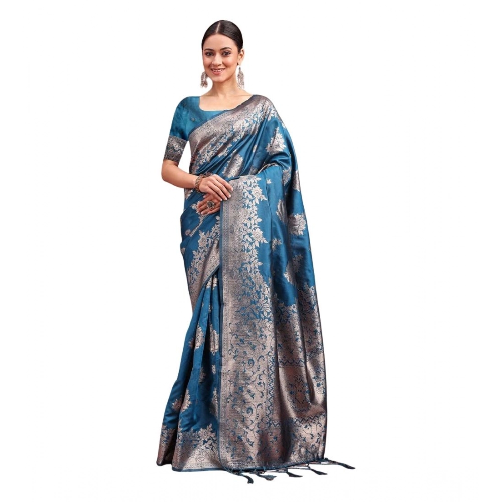 Women's Banarasi Silk Printed Saree With Unstitched Blouse 5.5Mtr (Teal Blue) Women's Banarasi Silk Printed Saree With Unstitched Blouse 5.5Mtr (Teal Blue)