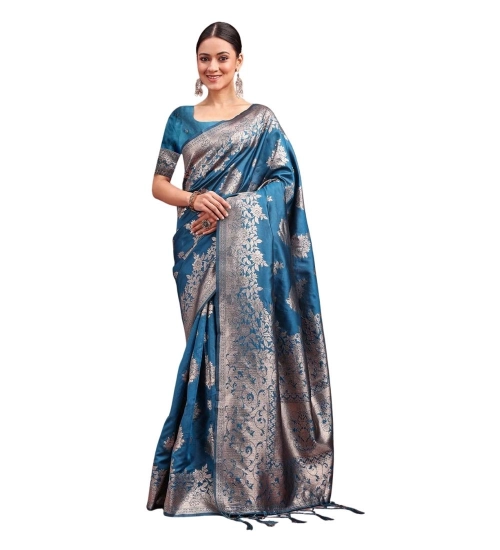 Women's Banarasi Silk Printed Saree With Unstitched Blouse 5.5Mtr (Teal Blue)
