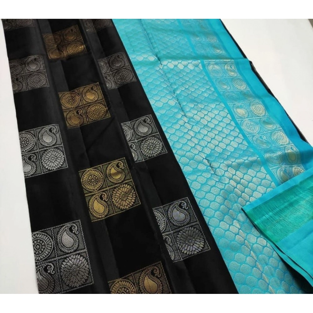 Women's Litchi silk Printed Saree With Unstitched Blouse (Black With Blue) Women's Litchi silk Printed Saree With Unstitched Blouse (Black With Blue)