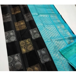 Women's Litchi silk Printed Saree With Unstitched Blouse (Black With Blue)