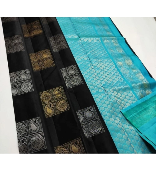 Women's Litchi silk Printed Saree With Unstitched Blouse (Black With Blue)