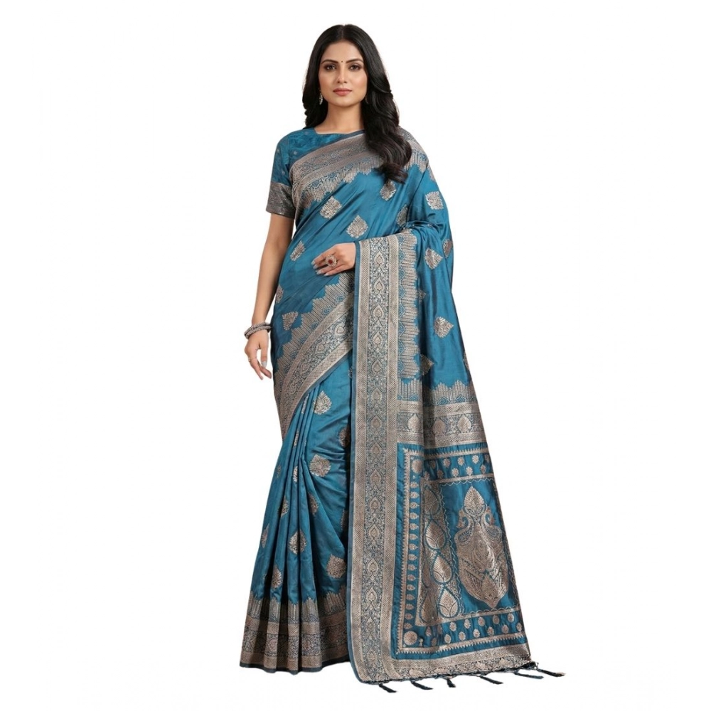 Women's Silk Blend Printed Saree With Unstitched Blouse 5.5Mtr (Teal) Women's Silk Blend Printed Saree With Unstitched Blouse 5.5Mtr (Teal)