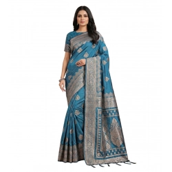 Women's Silk Blend Printed Saree With Unstitched Blouse 5.5Mtr (Teal)