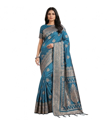 Women's Silk Blend Printed Saree With Unstitched Blouse 5.5Mtr (Teal)