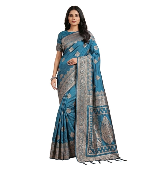 Women's Silk Blend Printed Saree With Unstitched Blouse 5.5Mtr (Teal)