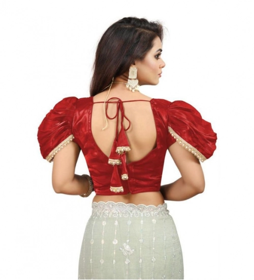 Women's Jimmy Solid V Neck Puff Sleeve Readymade Blouse (Red 38 , Alterable up to 42)-PID65844
